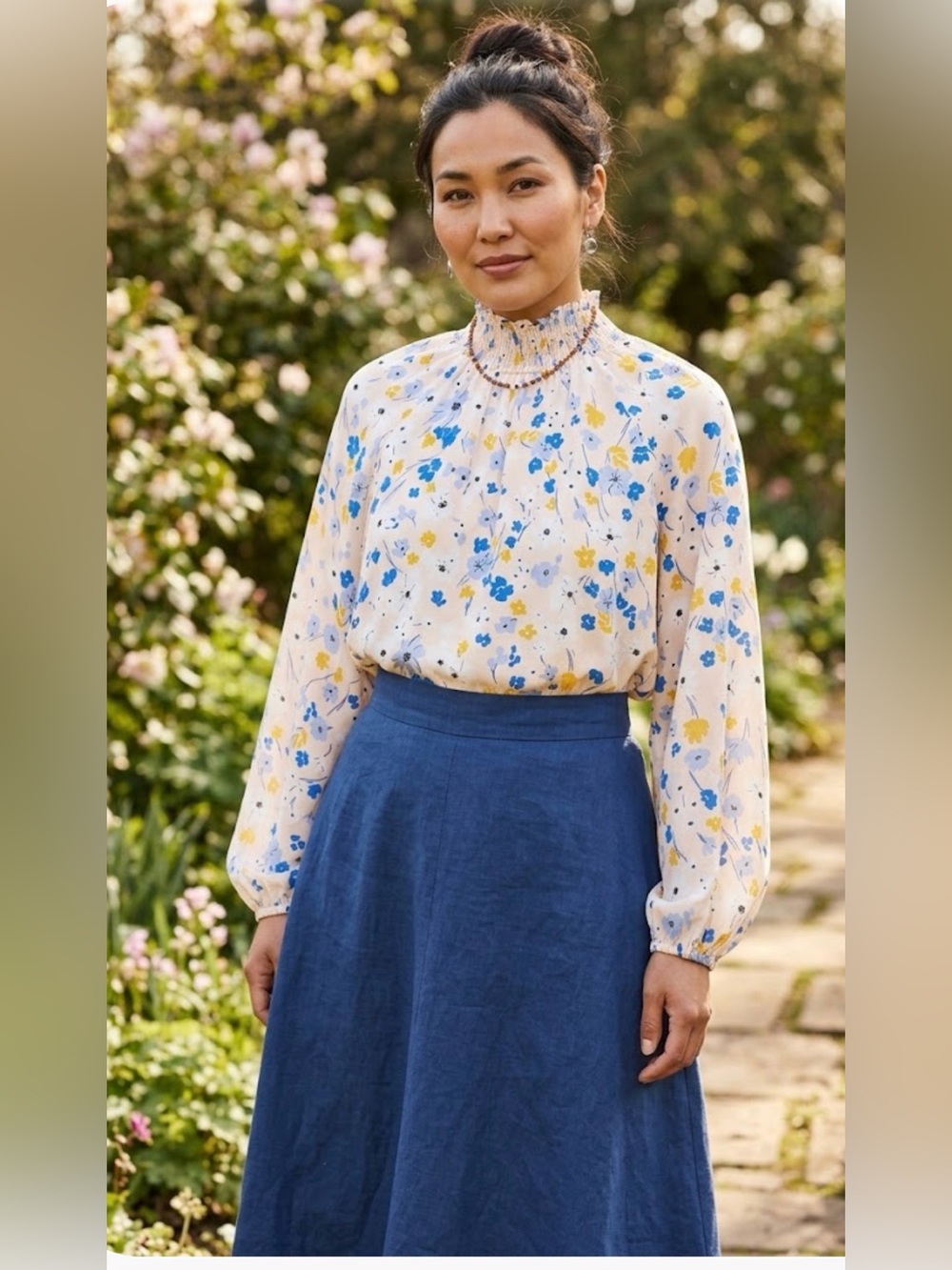 LOFT Cream Floral Smocked-Neck Blouse with Blue and Yellow Accents